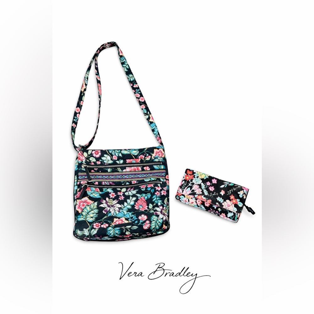Vera Bradley Black Floral Crossbody Bag with Matching wallet